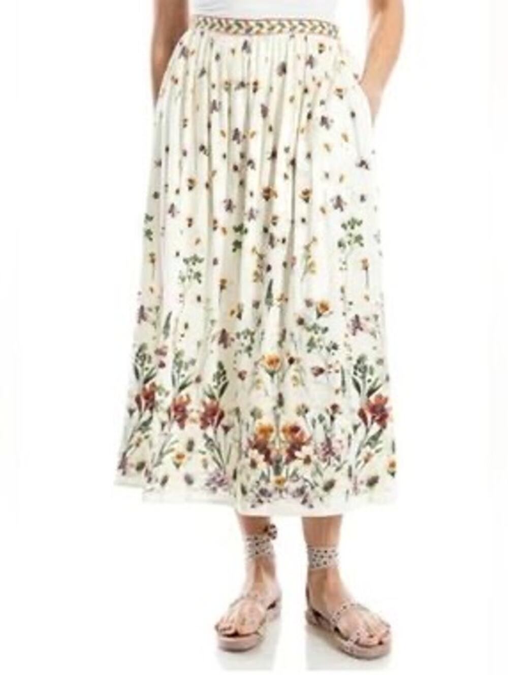 NWT Max Studio Border Print Linen Blend Maxi Skirt Pockets 1X Cottage Prairie